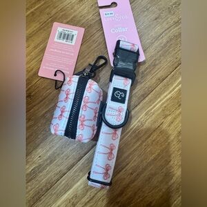 Lucy & Co Take A Bow Medium Dog Collar And Matching Dog Poop Bag Holder New Pink
